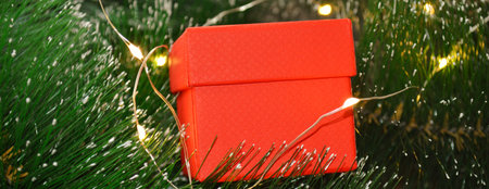 red gift box on dark wooden background with fir branches. Catholic Christmas Eve. Christmas Card...