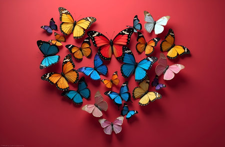 Heart made of colorful butterflies on a red background. Valentine's Day. Mother's Dayの素材