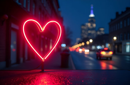 Neon heart against the backdrop of a night city. Valentine's Day.の素材