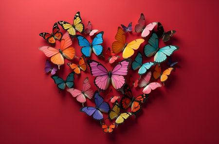 Heart made of colorful butterflies on a red background. Valentine's Day. Mother's Dayの素材