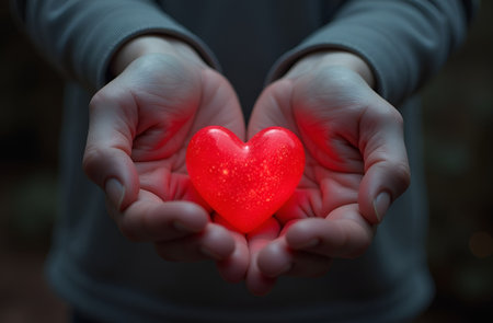 Volumetric red glowing heart in hands. Valentine's Day. Mother's Dayの素材