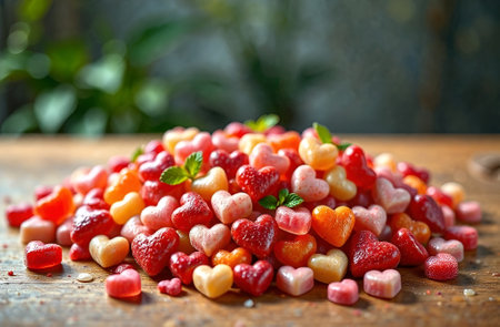 Top view, a lot of sweets in the form of hearts are scattered over the entire surface. Valentine's Day. Mother's Dayの素材