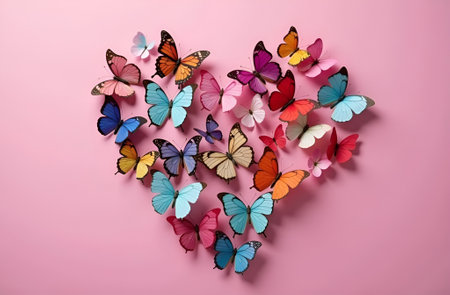 Heart made of colorful butterflies on a pink background. Valentine's Day. Mother's Dayの素材