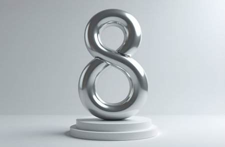 Volumetric silver shiny figure eight stands on the podium on an empty white background. International Women's Day. Mother's Dayの素材