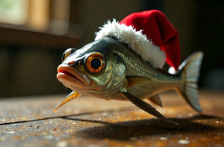Playful cartoon fish, adorned with a red Santa hat, exuding happiness and festive cheer in a delightful holiday settingの素材