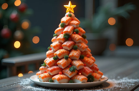 Sushi arranged in a festive Christmas tree shape, decorated with a star on top, surrounded by holiday lights and a cozy atmosphere, showcasing culinary creativityの素材