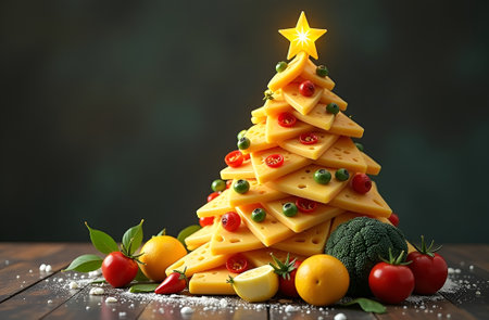 Creative cheese slice tree decorated with holiday ornaments and lights, showcasing a unique holiday centerpiece surrounded by presents and a cozy winter atmosphere.の素材