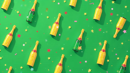 Colorful flat illustration of champagne bottles scattered across a vibrant green background adorned with stars and circles, creating a festive and celebratory atmosphereの素材