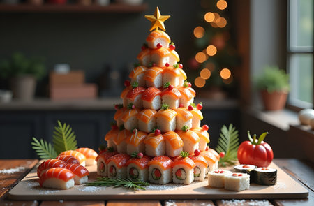 Sushi arranged in a festive Christmas tree shape, decorated with a star on top, surrounded by holiday lights and a cozy atmosphere, showcasing culinary creativityの素材