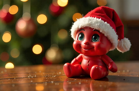 Red doll wearing a Santa hat sits on a wooden table, surrounded by festive decorations and a softly blurred Christmas tree in the background, evoking holiday cheer and nostalgiaの素材