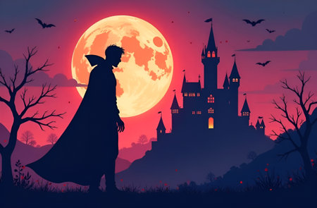 vampire character in a flowing cape stands against a haunted castle silhouette under a moon, surrounded by bats, evoking a spooky atmosphere, perfect for Halloween-themed visualsの素材