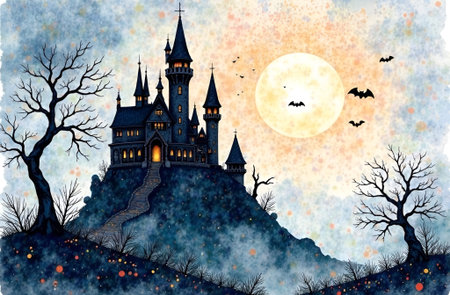 Gothic castle illustration, perched on a hill with winding path, eerie trees, and bats flying in twilight sky, evoking a sense of mystery and enchantmentの素材