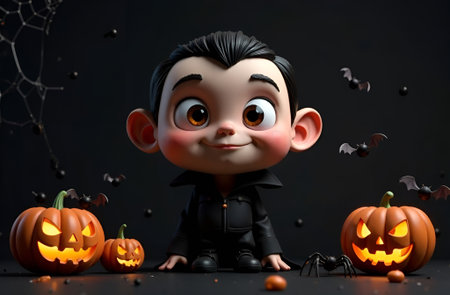 Young boy with animated features stands joyfully among carved pumpkins, surrounded by bats and spider webs, celebrating Halloween in a playful and spooky atmosphereの素材