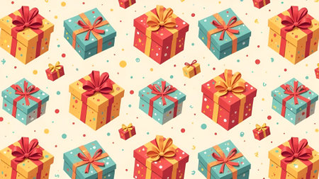 Colorful gift boxes with ribbons and bows are arranged in a playful pattern on a light background, creating a festive atmosphere for celebrations and special occasionsの素材