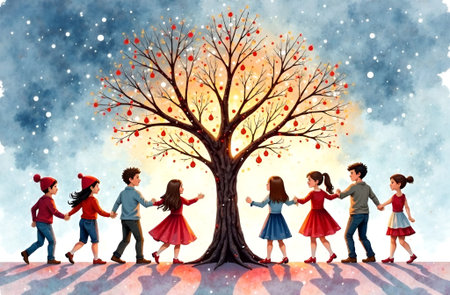 Group of children and teenagers holding hands around a colorful tree adorned with ornaments, creating a joyful atmosphere of friendship and celebration in a vibrant illustrationの素材