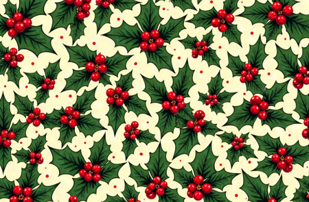 Colorful illustration featuring holly leaves and red berries on a light background, ideal for holiday-themed projects, wrapping paper, and festive decorationsの素材