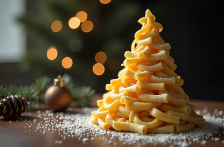 Creative pasta tree decorated with festive ornaments and lights, showcasing a unique holiday centerpiece, surrounded by gifts and a cozy winter atmosphereの素材