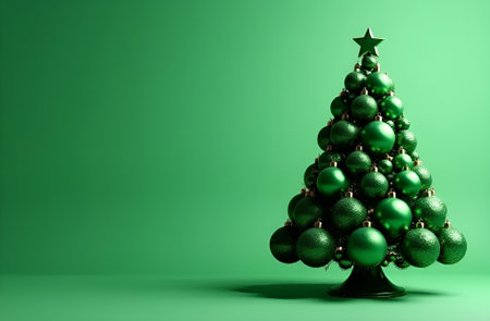 Green Christmas tree adorned with shiny ornaments and a golden star on top, set against a rich green background, symbolizing festive holiday spirit and celebrationの素材