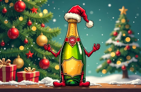 Cheerful champagne bottle adorned with a Santa hat rests on a snowy table, with a vibrant Christmas tree in the background, creating a joyful holiday atmosphereの素材