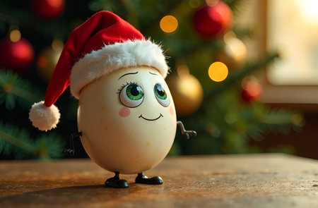 Cheerful cartoon egg character wearing a festive Santa hat stands in snow, surrounded by Christmas tree decorations, embodying holiday spirit and joy in a whimsical winter sceneの素材