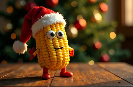 Cheerful cartoon corn character wearing a festive Santa hat stands on a wooden table, surrounded by a beautifully decorated Christmas tree with colorful lights and ornamentsの素材