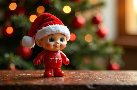 Cute cartoon character in a red Christmas outfit and Santa hat, sitting on a wooden surface with a festive tree and colorful bokeh lights in the background, evoking holiday cheerの素材