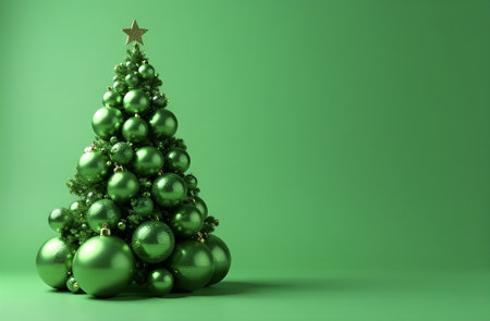 Green Christmas tree adorned with shiny ornaments and a golden star on top, set against a rich green background, symbolizing festive holiday spirit and celebrationの素材