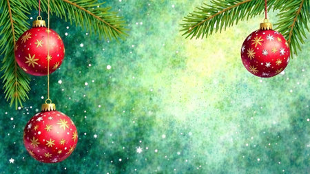 Festive holiday illustration featuring vibrant red and gold ornaments hanging from lush green pine branches, set against a sparkling green background with a magical atmosphereの素材
