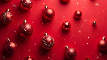 Red background adorned with festive Christmas ornaments, featuring various designs and patterns, creating a vibrant holiday atmosphere with decorative elementsの素材