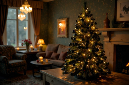 Festively decorated Christmas tree adorned with colorful ornaments and twinkling lights, creating a warm and inviting atmosphere in a cozy living room settingの素材