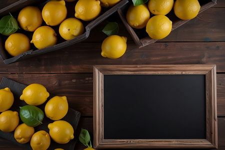 Fresh lemons arranged around a wooden frame on a dark background, creating a vibrant and inviting atmosphere for culinary or decorative use with copy space. Vitamin C Dayの素材
