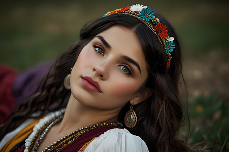 Female model with dark hair and floral headband, dressed in traditional clothing, poses in a serene outdoor environment, showing cultural heritage and natural beauty. Gypsy Dayの素材