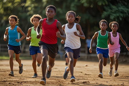 Group of children running energetically on a grassy field, showcasing teamwork and athleticism during a friendly competition or practice session. Day of Sports for Developmentの素材