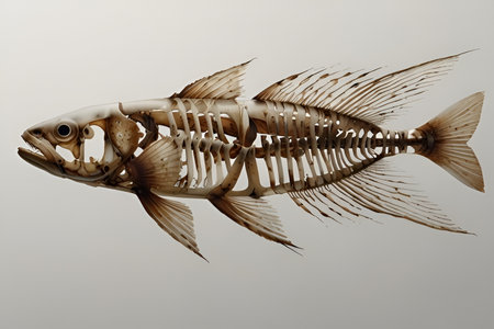 Two detailed fish skeletons are displayed against a soft gradient background, showing the beauty of marine anatomy and the delicate structure of aquatic life. Pisces zodiac signの素材