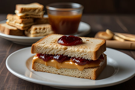 Delicious peanut butter and jelly sandwich with creamy peanut butter and sweet jelly oozing from between two slices of soft bread on a wooden board. Peanut Butter Jam Sandwich Dayの素材