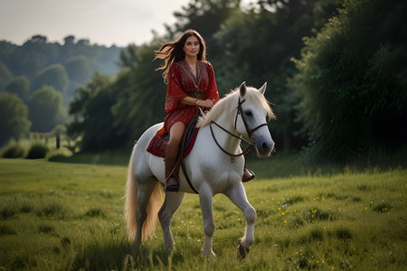 Young woman with long dark hair gently interacting with a beautiful white horse in a lush green field, showcasing a serene connection between human and animal. Gypsy Dayの素材