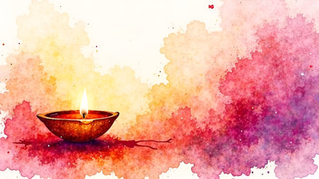 Watercolor illustration of a traditional oil lamp glowing softly against a vibrant abstract background, symbolizing light, warmth, and celebration in artistic expressionの素材