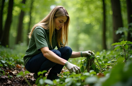 Female environmentalist in overalls is collecting litter in a lush forest, surrounded by vibrant foliage, showcasing dedication to nature conservation and sustainability effortsの素材