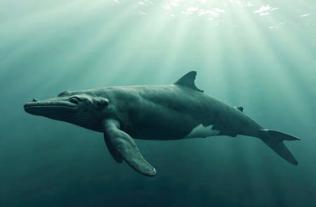Majestic whale swimming gracefully through deep ocean waters, showing its massive body and unique features, surrounded by serene aquatic environmentの素材