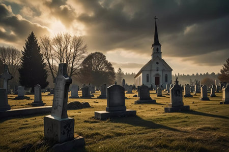 Gravestones in a serene cemetery surrounded by lush green grass and tall trees, capturing a peaceful atmosphere of remembrance and reflection in a tranquil setting. Atheist Dayの素材