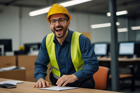 worker wearing a yellow hard hat and green safety vest, smiling confidently while seated at a desk with blueprints and tools, showcasing a positive work environmentの素材
