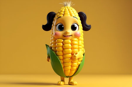 Cheerful cartoon corn character with arms raised, wearing green leaves, smiling brightly against a soft yellow background, embodying fun and fun in a whimsical designの素材