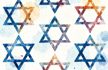 Colorful geometric pattern featuring blue and orange stars on a light background, creating a vibrant and decorative design suitable for various applications and artistic projectsの素材