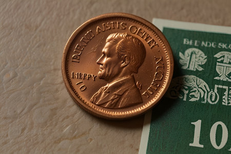 Close-up of assorted coins in various denominations showcasing intricate designs and textures, creating visual tapestry of currency and value in a vibrant arrangement. One Cent Dayの素材