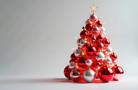 Festive Christmas tree adorned with red and silver ornaments, sparkling lights, and a golden star on top, creating a joyful holiday atmosphere with vibrant colorsの素材