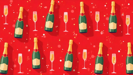 Colorful flat illustration of champagne bottles and flutes arranged on a vibrant red background, celebrating festive occasions with a lively atmosphere and joyful spiritの素材