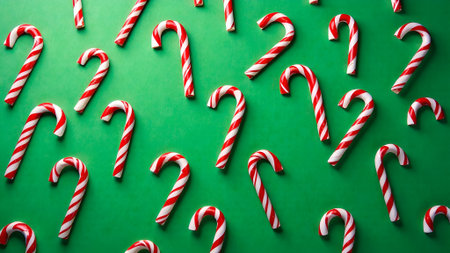 Colorful candy canes arranged in a playful pattern on a vibrant green background, creating a festive atmosphere perfect for holiday celebrations and seasonal decorationsの素材