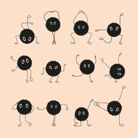 vector illustration of small, black, fluffy monsters that perform various dance movesのイラスト素材