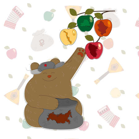 Russian bear collects apples in a bag with a stripe in the form of a map of Russiaのイラスト素材