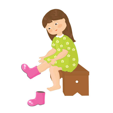 Little girl puts on bootsのイラスト素材